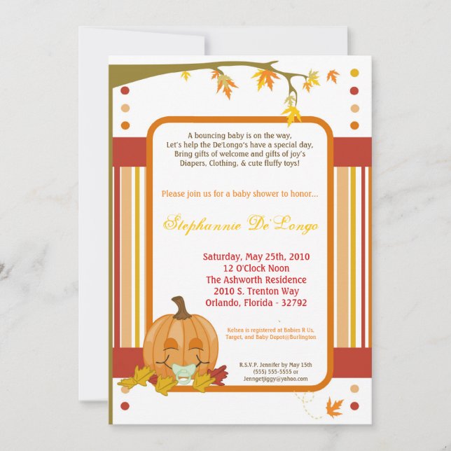 5x7 Autumn Fall Pumpkin Baby Shower Invitation (Front)