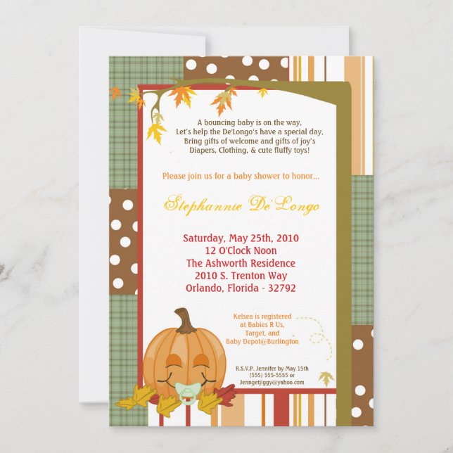5x7 Autumn Fall Pumpkin Baby Shower Invitation (Front)