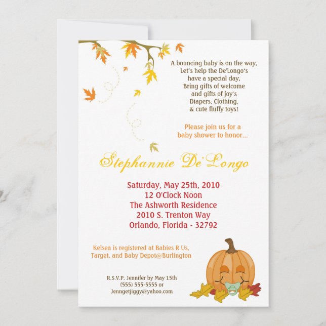 5x7 Autumn Fall Pumpkin Baby Shower Invitation (Front)
