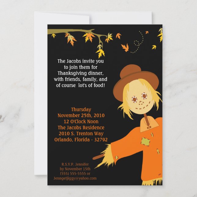 5x7 Autumn Scarecrow Thanksgiving Party Invitation (Front)