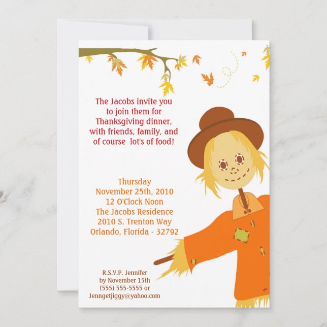 5x7 Autumn Scarecrow Thanksgiving Party Invitation (Front)