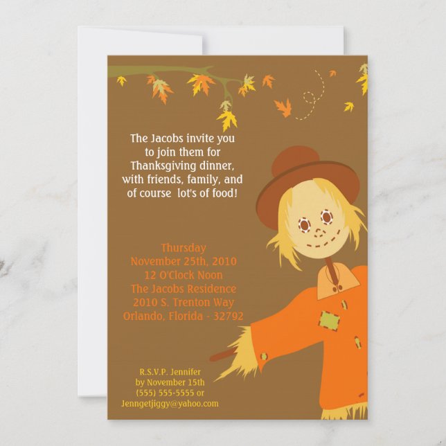 5x7 Autumn Scarecrow Thanksgiving Party Invitation (Front)