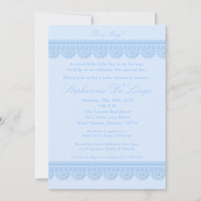 5x7 Baby Boy Blue Lace Baby Shower Invitation (Front)