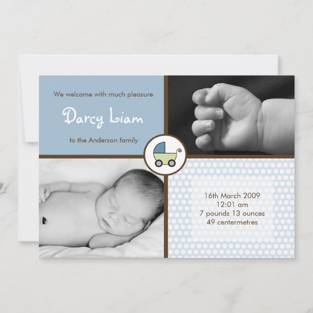 5x7 Baby BoyBlue Stroller Photo Birth Announcement (Front)