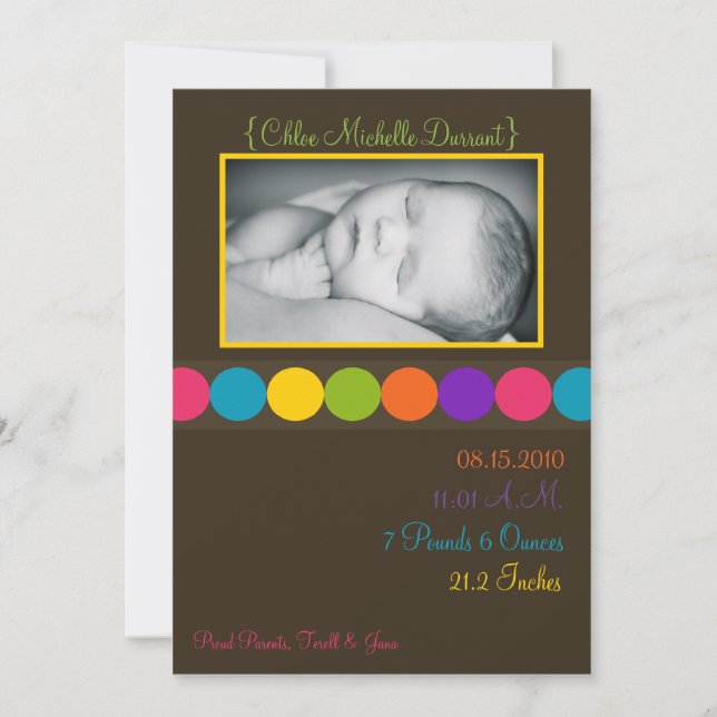 5x7 Baby Girl Brown Polka Photo Birth Announcement (Front)