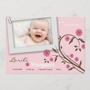 5x7 Baby Girl Pink Floral Photo Birth Announcement