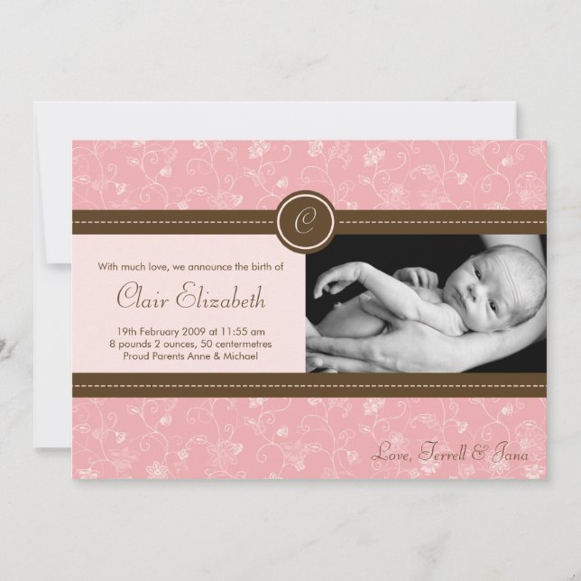 5x7 Baby Girl Pink Floral Photo Birth Announcement (Front)