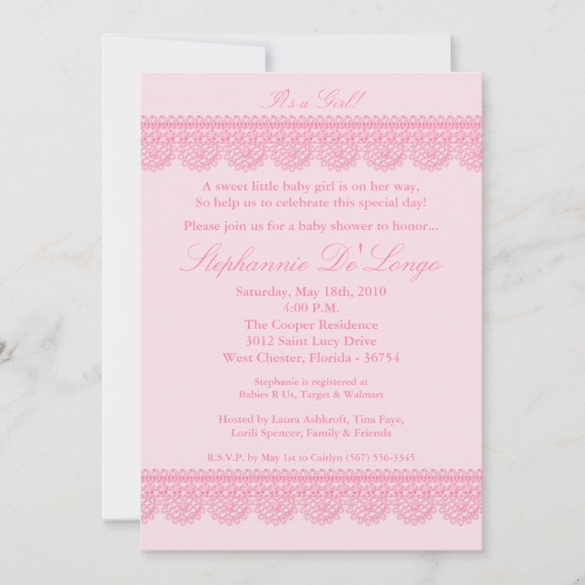 5x7 Baby Girl Pink Lace Baby Shower Invitation (Front)