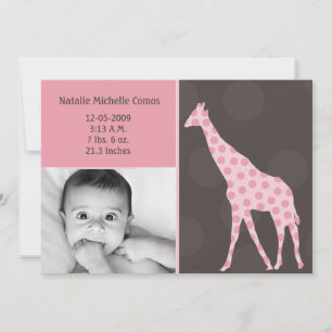 5x7 Baby Girl PinkGiraffe Photo Birth Announcement