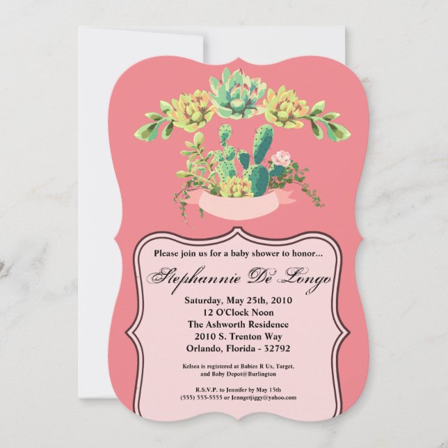 5x7 Baby Shower Invitation Bohemian Cactus Succule (Front)