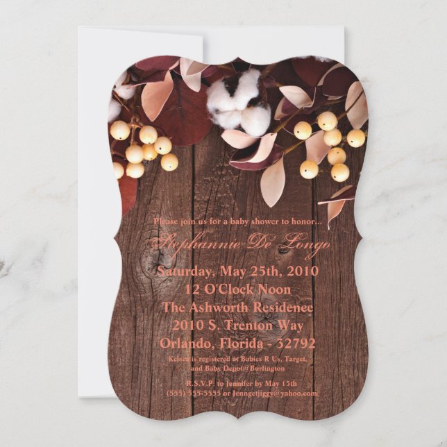 5x7 Baby Shower Invitation Cotton Branch on Dark W (Front)
