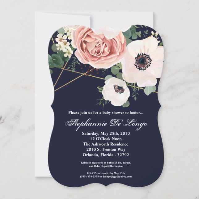 5x7 Baby Shower Invitation Geometric Garden Navy (Front)