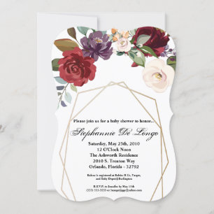 5x7 Baby Shower Invitation White Roses Gold Geomet
