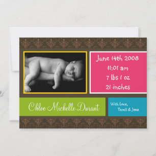 5x7 BabyGirl Brown Damask Photo Birth Announcement