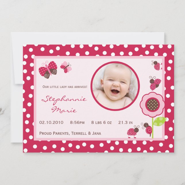 5x7 Berry Garden Lady Bug Photo Birth Announcement (Front)