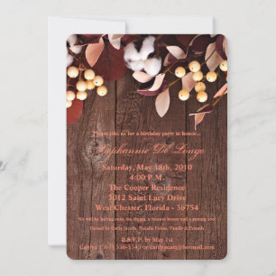 5x7 Birthday Invitation Cotton Branch on Dark Wood