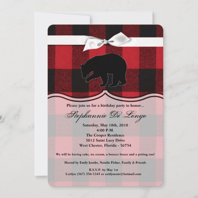 5x7 Birthday Invitation Red Buffalo Plaid Bear Bla (Front)
