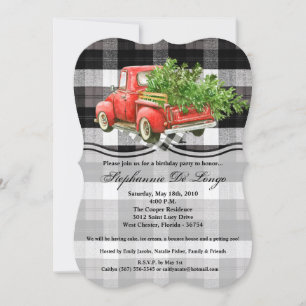 5x7 Birthday Invitation XMAS Truck Baffalo Plaid
