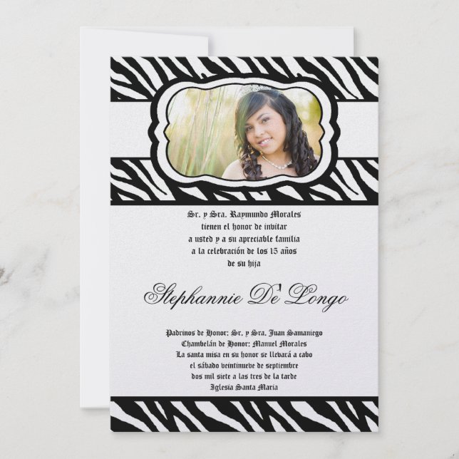 5x7 Blac Zebra Print Patter Quinceanera Invitation (Front)