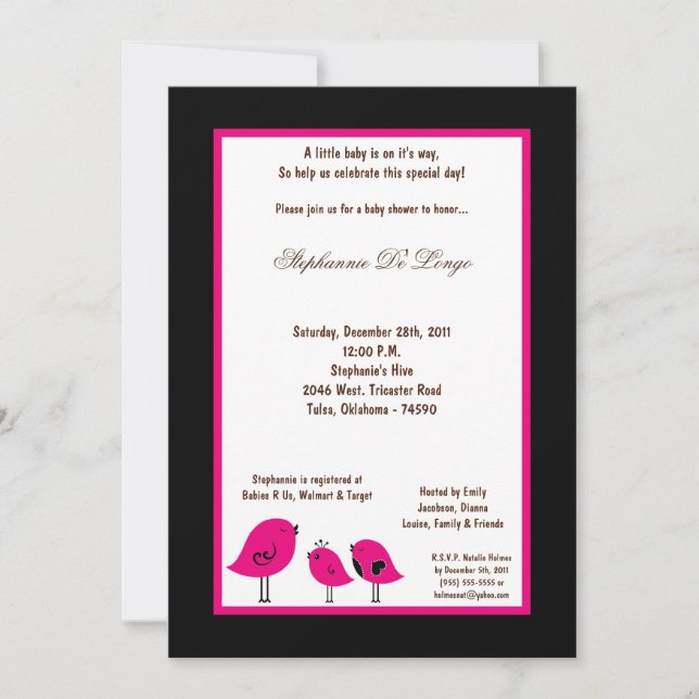 5x7 Black Bird Baby Shower Invitation (Front)