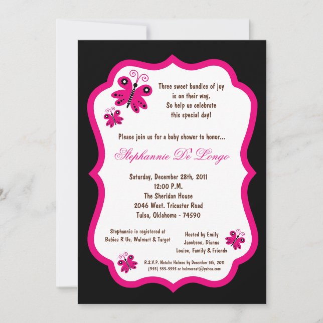 5x7 Black Butterfly Baby Shower Invitation (Front)