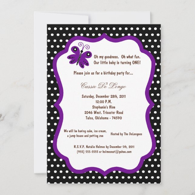 5x7 Black Butterfly Birthday Party Invite (Front)