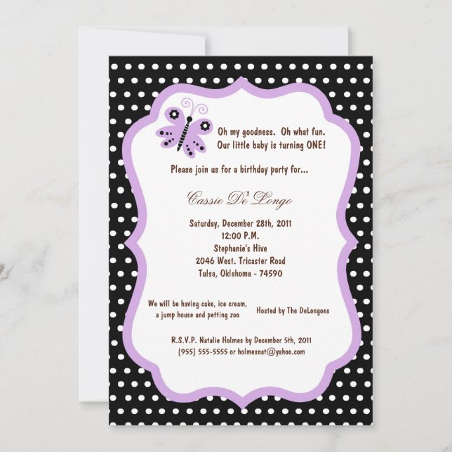 5x7 Black Butterfly Birthday Party Invite (Front)