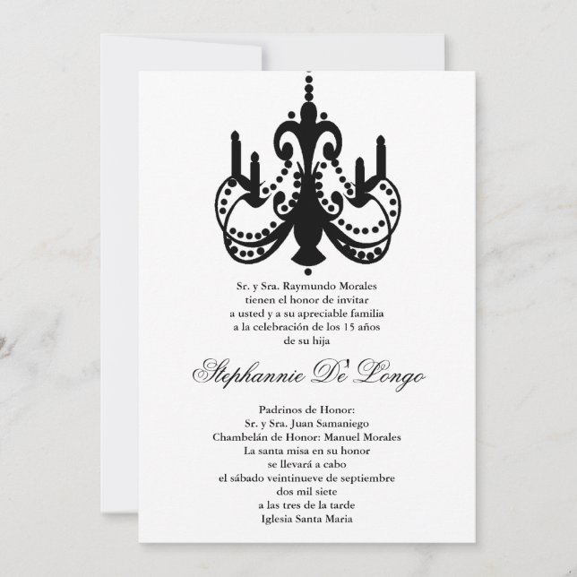 5x7 Black Chandelier Quinceanera Party Invitation (Front)