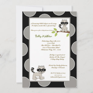 5x7 Black Grey Racoon  Baby Shower Invitation