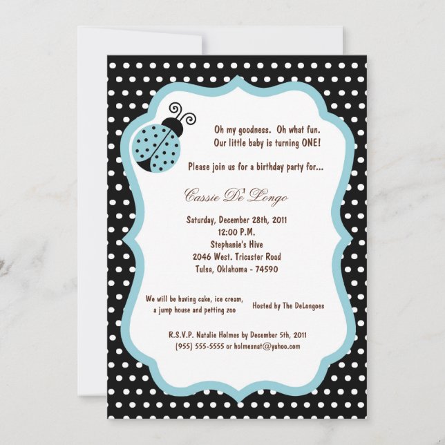 5x7 Black Lady Bug Birthday Party Invite (Front)