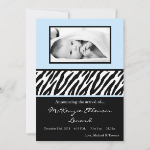 5x7 Black Ligh Blue Zebra PHOTO Birth Announcement