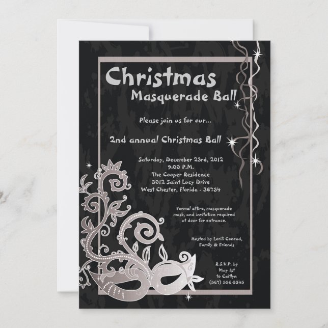 5x7 Black Masquerade Christmas Ball Invitation (Front)