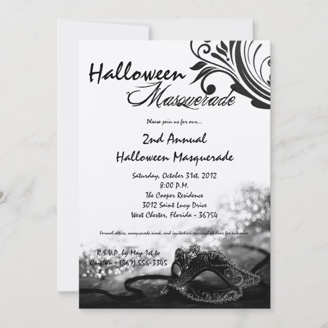 5x7 Black Masquerade Halloween Costume Invitation (Front)