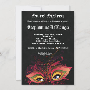 5x7 Black Masquerade Sweet 16 Birthday Invitation