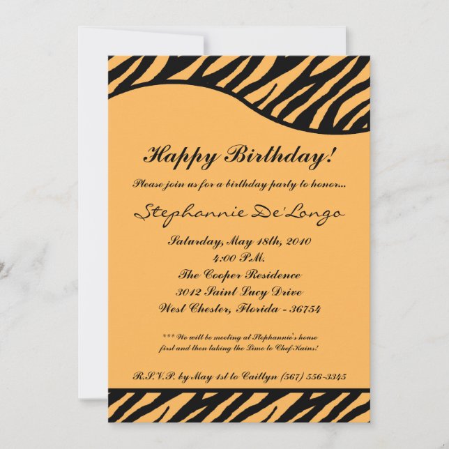 5x7 Black Tiger Print Birthday Party Invitation (Front)