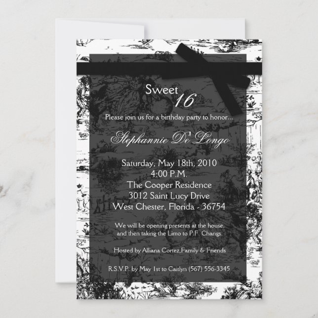 5x7 Black ToileFabric Sweet 16 Birthday Invitation (Front)