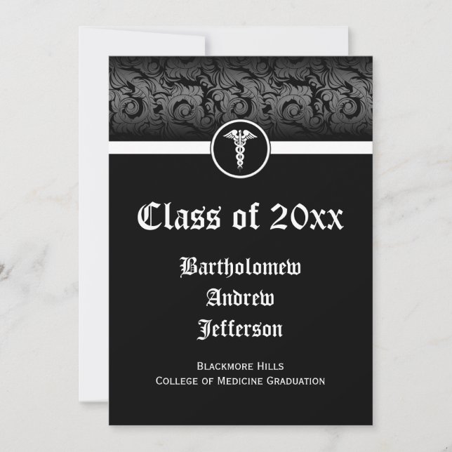 5x7 Black/White Caduceus Medical School Graduation Invitation (Front)
