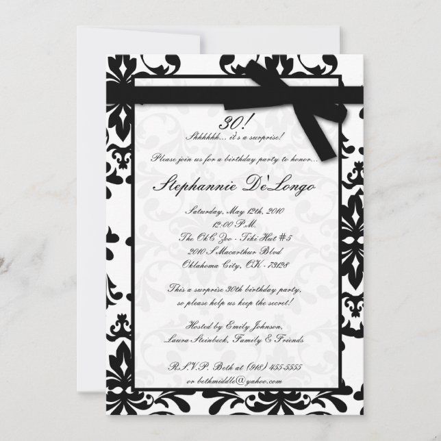 5x7 Black White Damask Bow Birthday Invitation (Front)