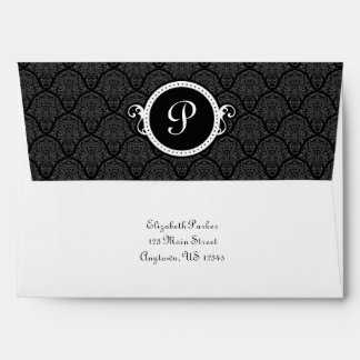 5x7 Black White Damask Monogram Return Address Envelope