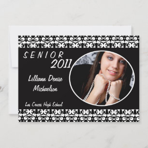 5x7 Black White Damask Photo Senior Announcement