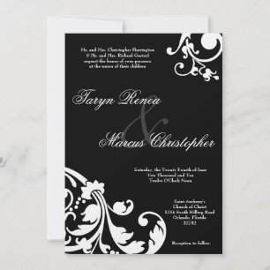 5x7 Black White Floral Linen Wedding Invitation
