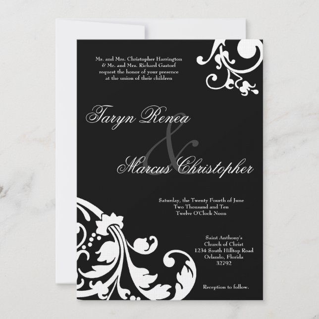5x7 Black White Floral Linen Wedding Invitation (Front)