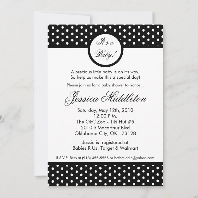 5x7 Black White Polka Dot Baby Shower Invitation (Front)