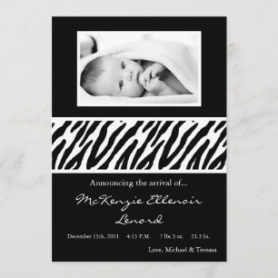 5x7 Black White Zebra PHOTO Birth Announcement