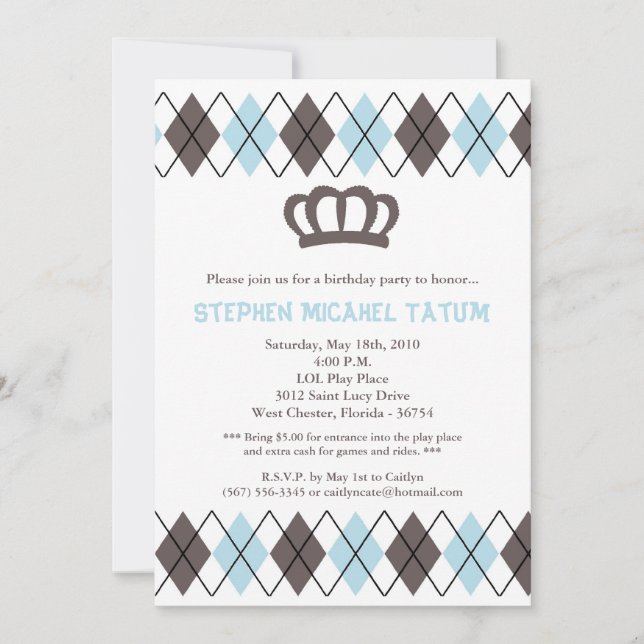 5x7 Blu Gra Argyle Crown Birthday Party Invitation (Front)