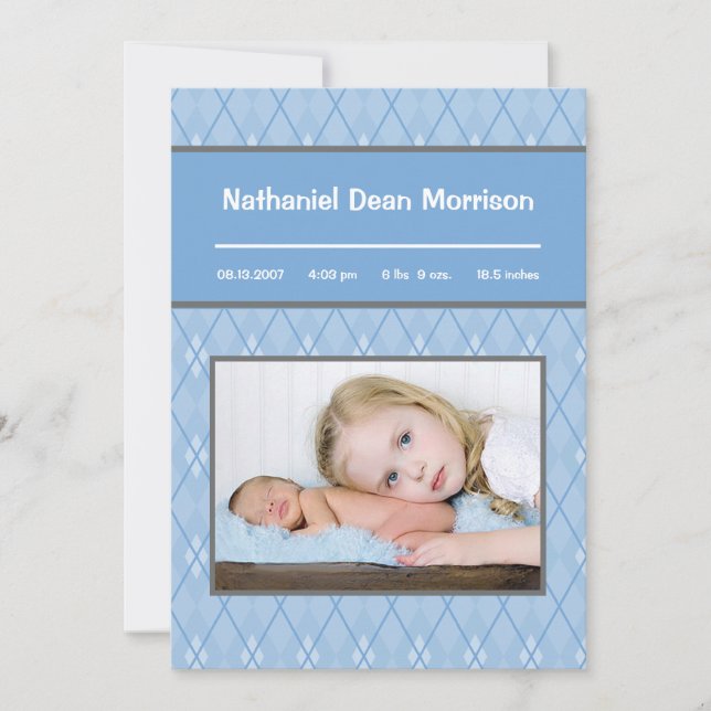5x7 Blue Argyle Pattern Photo Birth Announcement (Front)