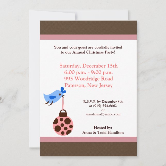 5x7 Blue Bird / Christmas Ornaments Invitation (Front)