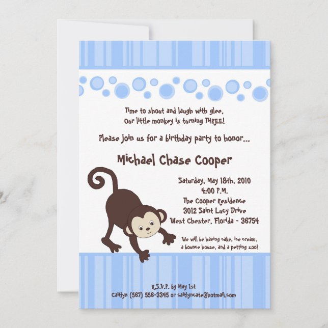 5x7 Blue Boy Pop Monkey Birthday Invitation (Front)