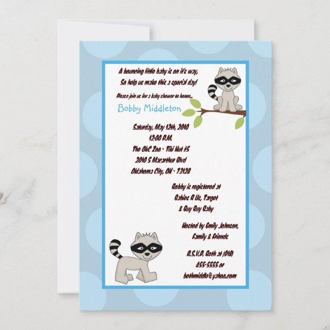 5x7 Blue Boy Racoon  Baby Shower Invitation (Front)