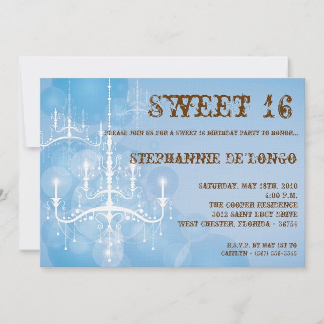 5x7 Blue Chandelier Sweet 16 Birthday Invitation (Front)